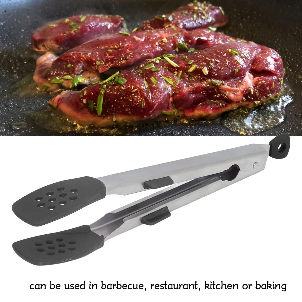 Hanging Loop Food Tongs Two Arms Stainless Steel+Silicone Cooking Tongs Red Black Compact Tong Serving Tongs BBQ Grilling