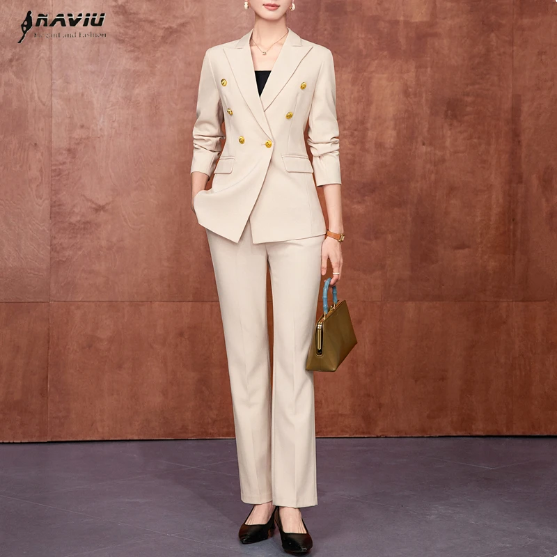 

Женский костюм NAVIU Apricot Navy Blue Black Fashion: пиджак с длинным рукавом и брюки, однотонный, формальный, 2-х предметный комплект для весны.