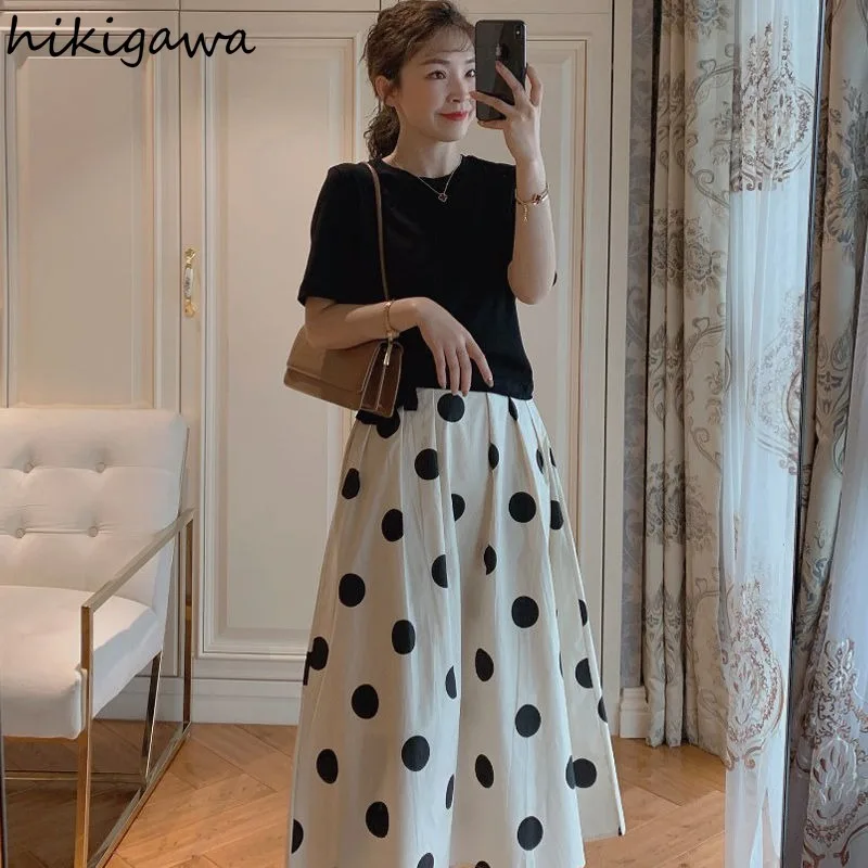 2 Piece Sets Women\'s Clothing Short Sleeve O-neck Tshirt High Waist Polka Dot Loose Skirt Outfits Vintage Fashion Summer Suit