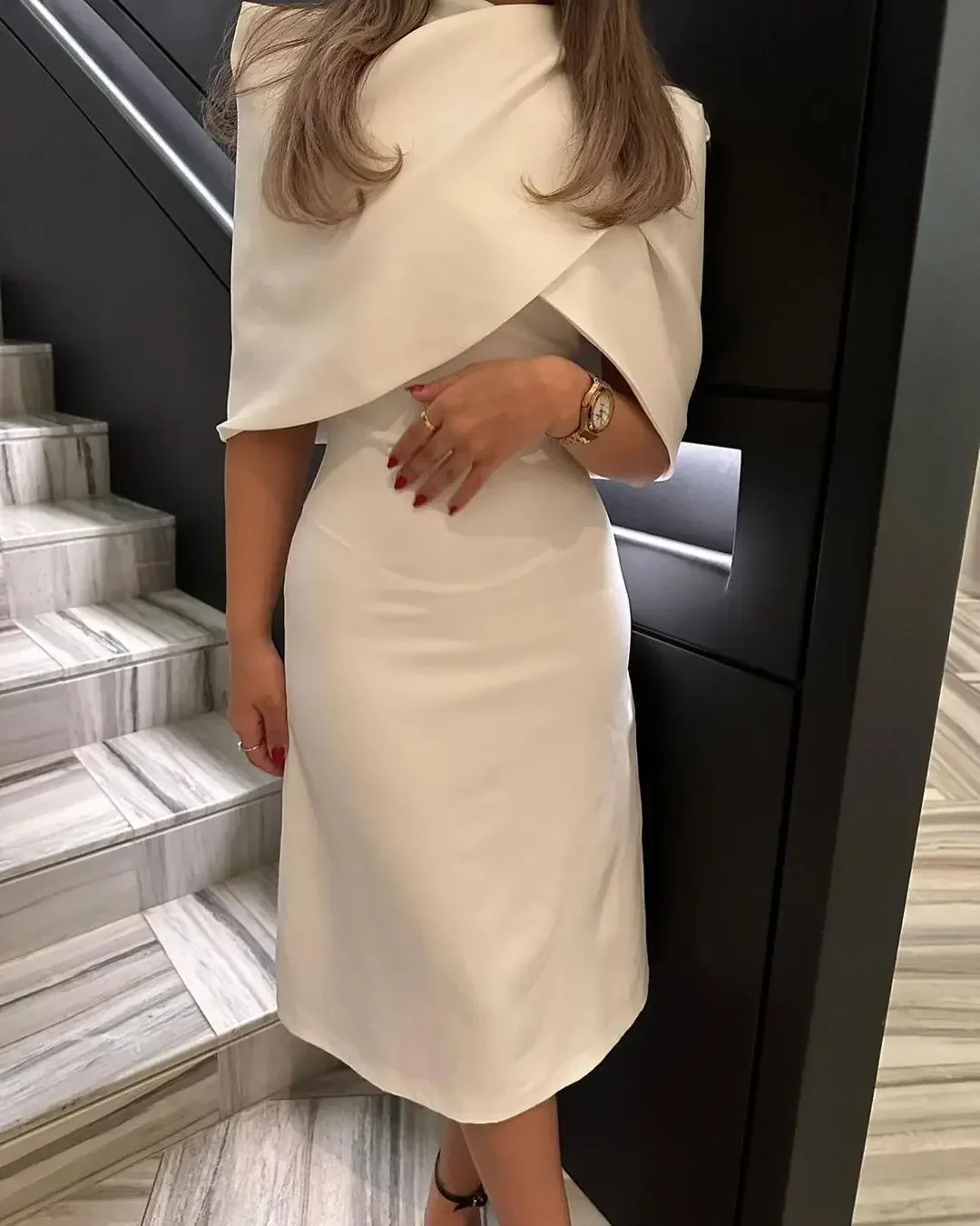 ivory Sheath Prom Dresses With Cape Pleated Puff Sleeves Cut-Out Elegant Prom Dresses Formal Party Gown