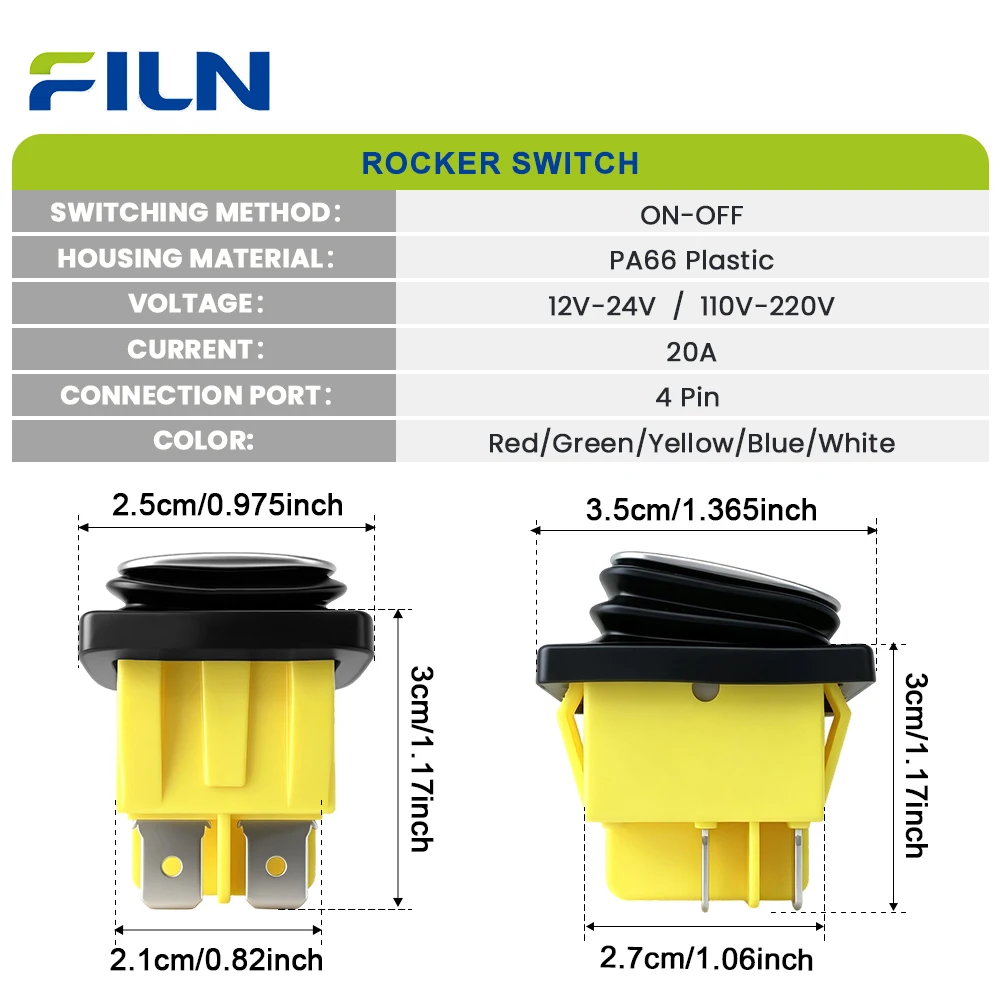 FILN 10/25PCS KCD4 30A Waterproof LED Rocker Switch on off 2 Position 12V-24V Toggle Switches Panel Mount for Car Marine Panel