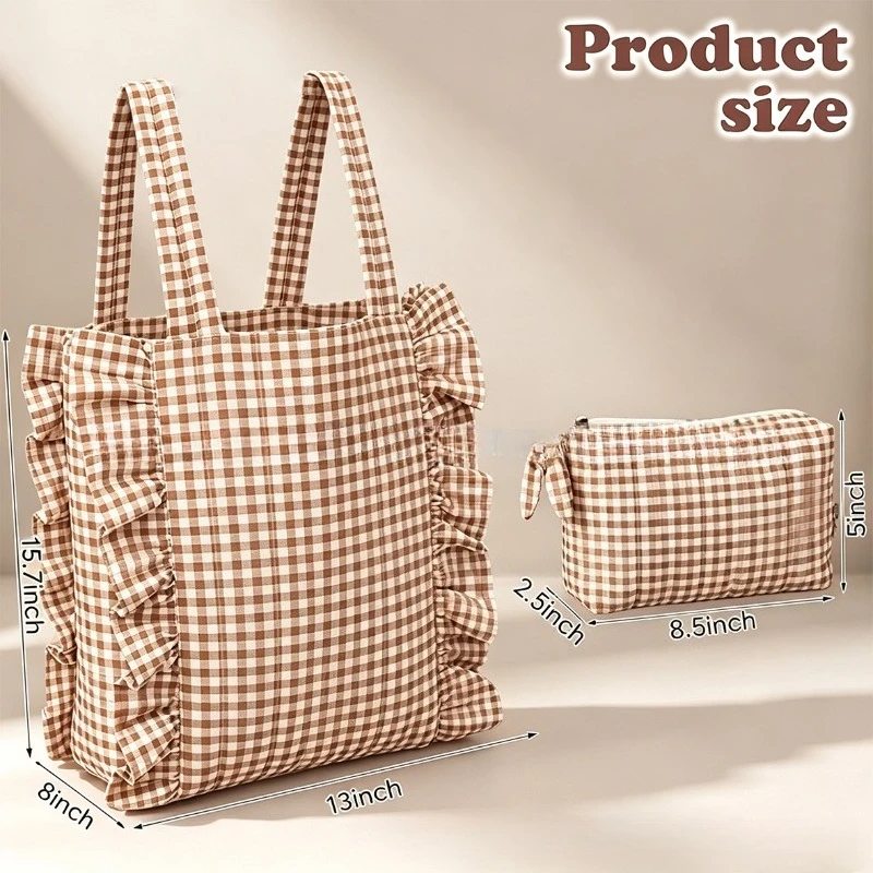 Ruffle Plaid Baby Stroller Organizer Bag With Small Pouch, Hanging Diaper Storage Tote For Pram, Mom Handbag