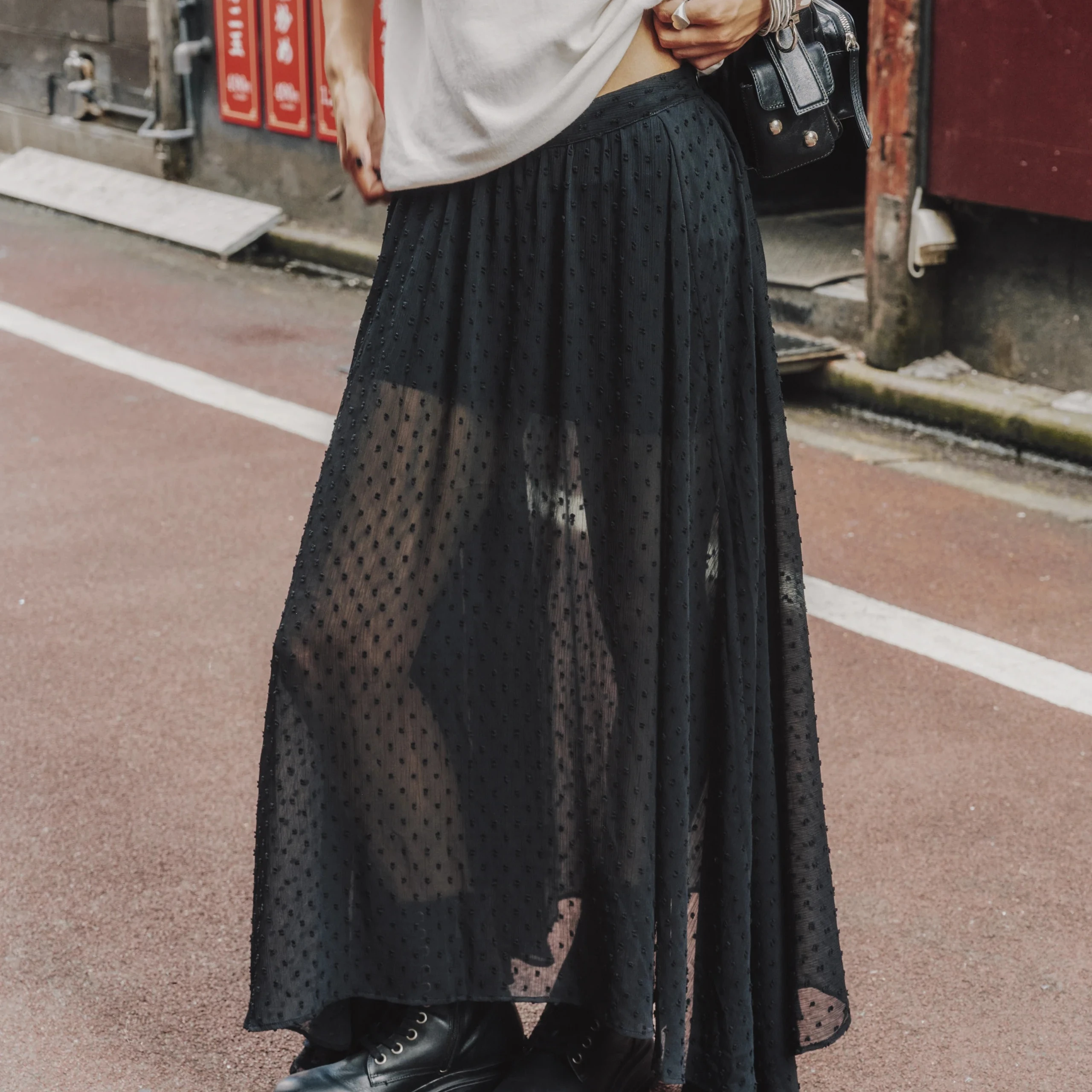 Mulheres pura saia preta bolinhas tornozelo comprimento longo sheer saia elegante design verão primavera usar saia de cintura alta