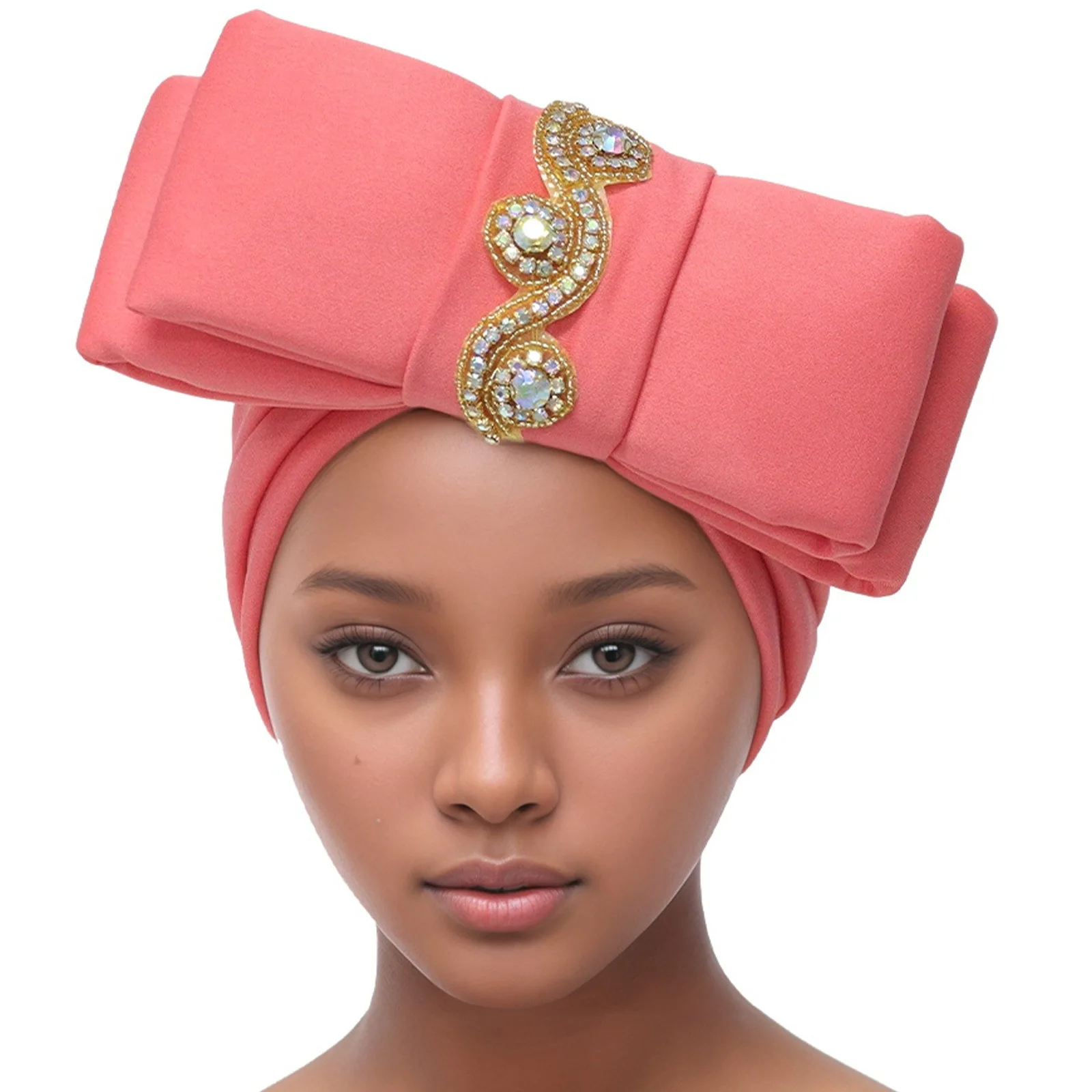 

Big Bowknot Turban Cap Women Exaggerated Diamonds Headpiece African Auto Gele Headtie Nigeria Party Headwear Hat Head Wrap New