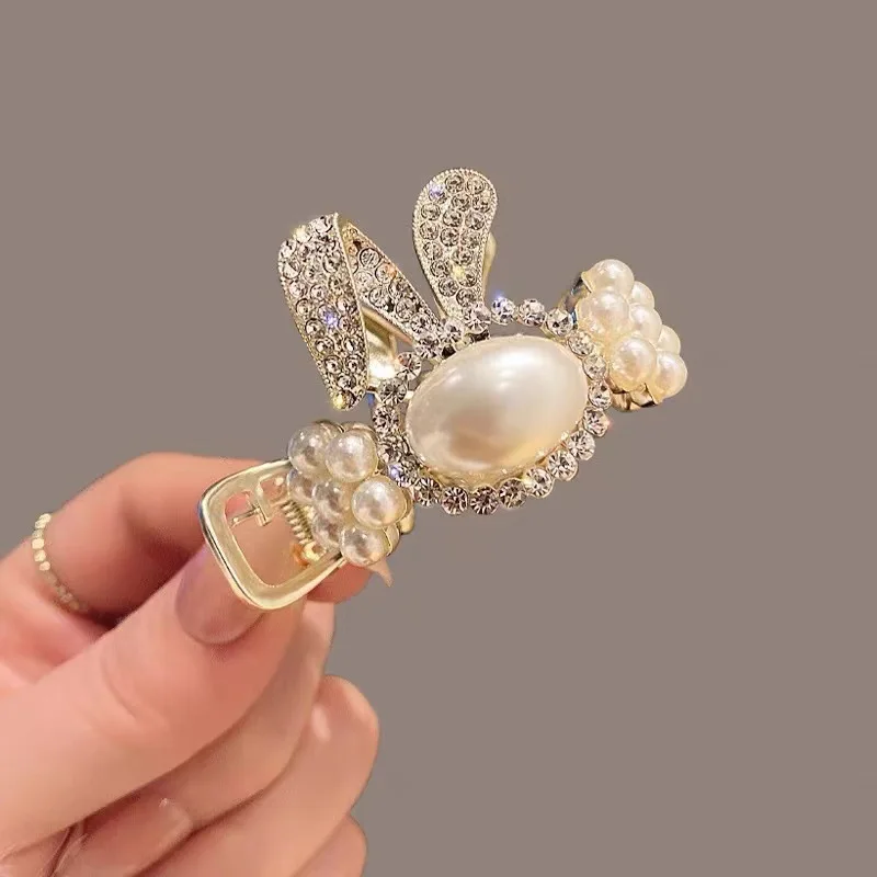 1PCS new cute folding ears rabbit high ponytail fixed grasping pinch rhinestone pearl back head plate hair fashion headwear