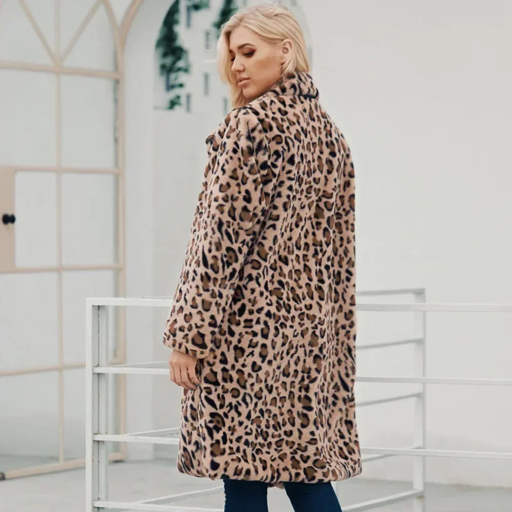 Women Faux Fur Coat Leopard Warm Loose Autumn Winter Thick Long Coats Turn Down Collar Sleeve High Waist Maxi Elegant Jacket