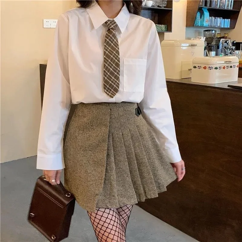 

Loose Long Sleeve Women's Shirt Basic Style Korean Version Spring Autumn College Style Tie Blouse Commute Style Polyester Fiber