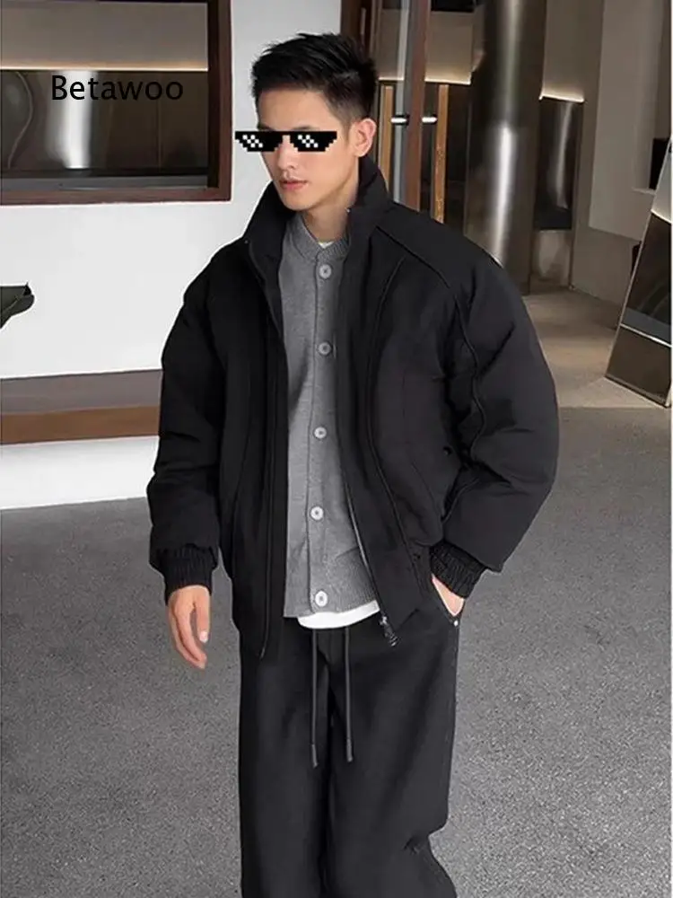 Men Stand Collar Oversized Short Bomber Jacket Zip Up Loose Warm Winter Outerwear for Daily Street Wear