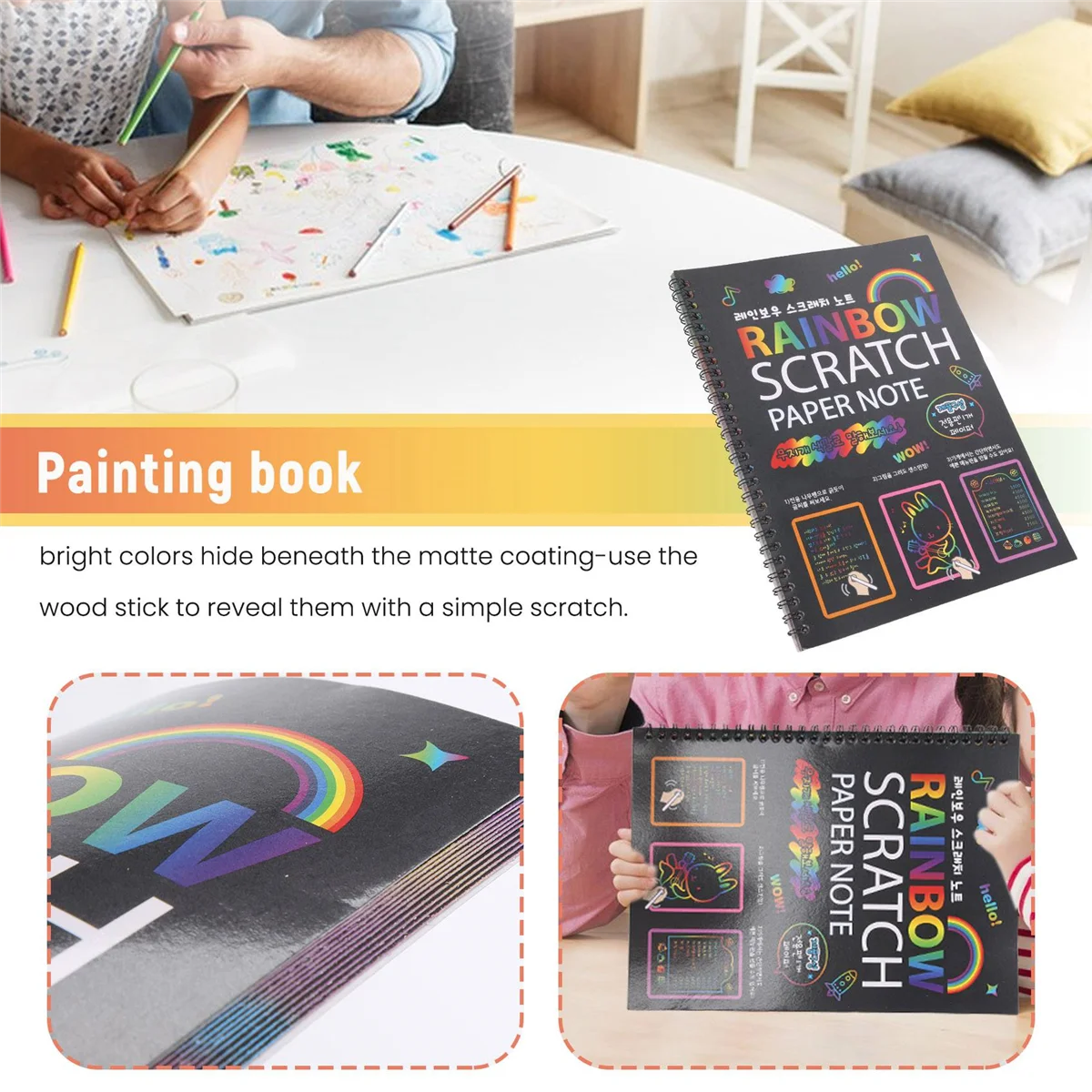 Grande Magic Color Rainbow Scratch Paper Note Book, Brinquedos de desenho preto DIY, Raspagem Pintura Kid Doodle, 19x26cm