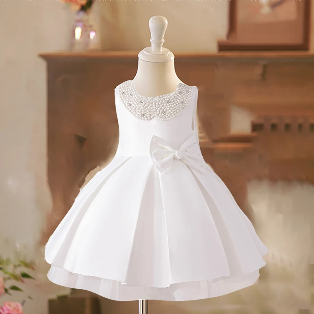 Girls Beading Carnival Party Dress Baby Girl Wedding Princess Gown Toddler Bow White Pleated Dresses Summer Formal Evening Wear