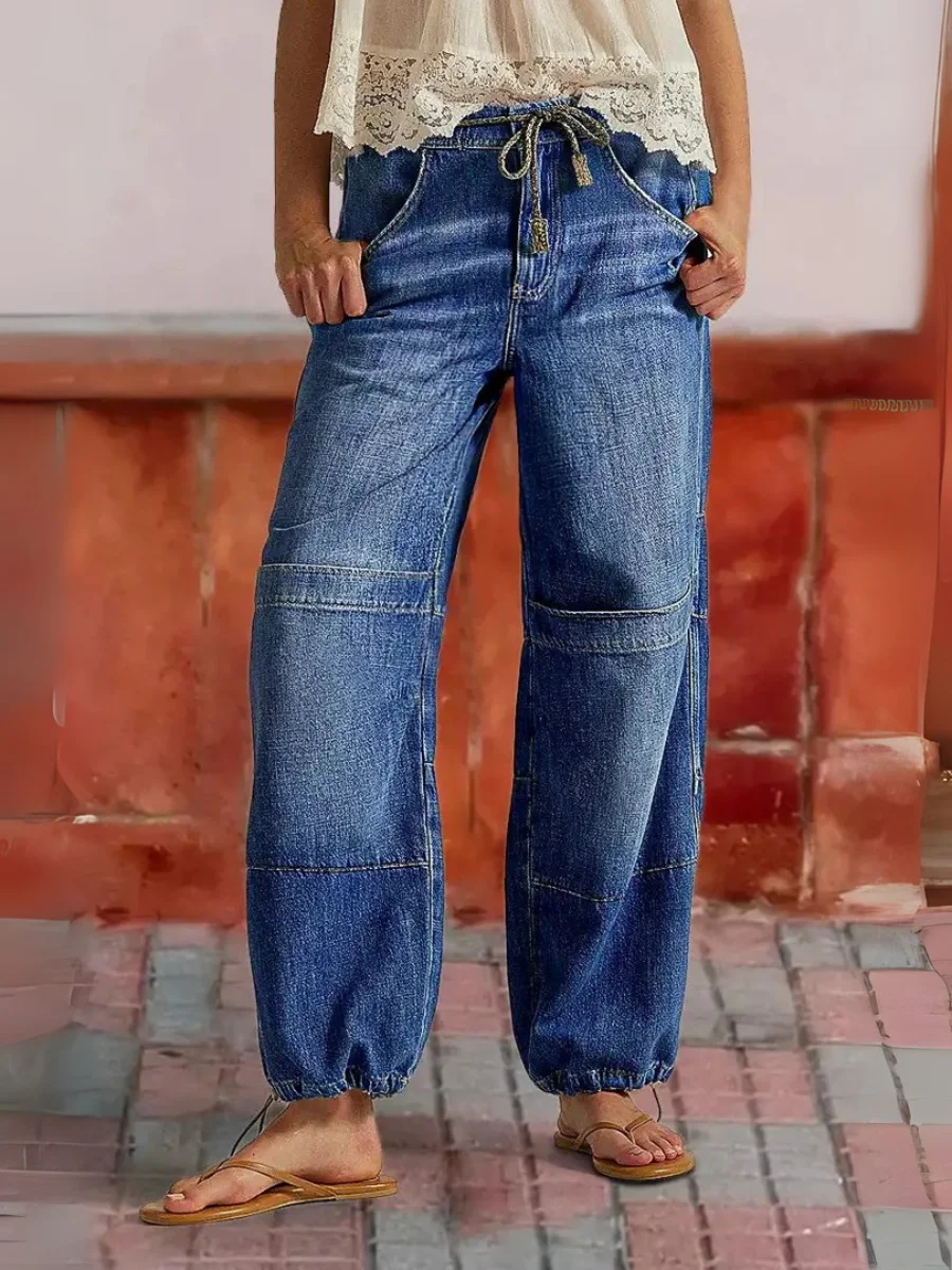 

【HME】Loose-fit women's jeans | Casual street-style pants with drawstring details on the pockets, women's casual loose-fit jeans
