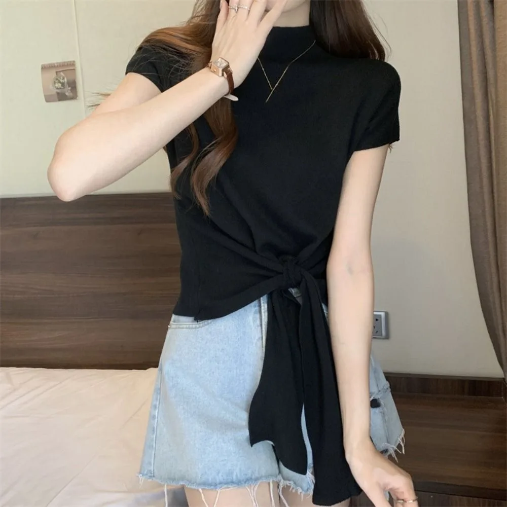 Lace Up Short Sleeve T-shirt Kintwear Slim Fit Y2K Crop Top Women Simple Bottoming Shirt Half High Collar Tees Top Summer