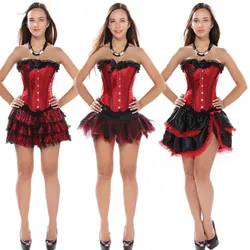 Red Satin Palace Overbust Corset Dancer Showgirl Corset Tops + Tu Tu Skirts Dress Waist Cincher Bustier Plus Size S-2XL