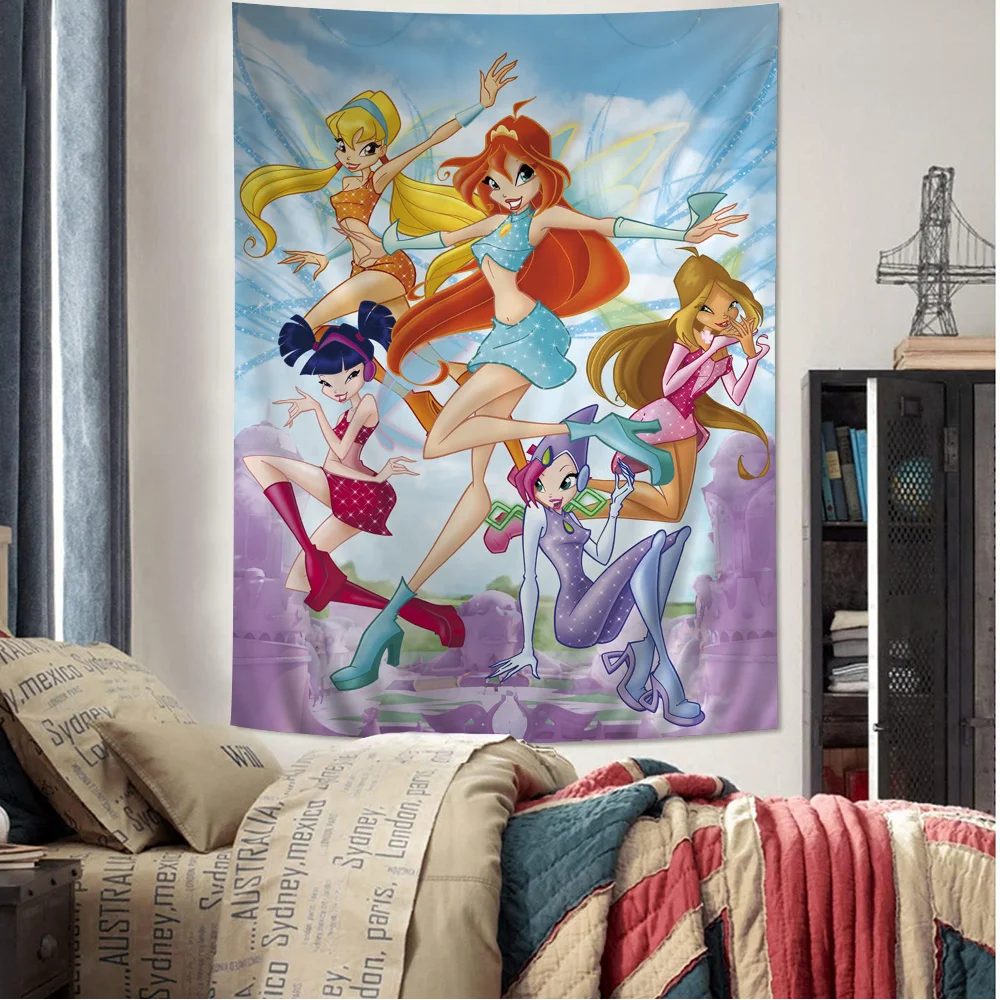 GirlS Cartoon W-Winx Printed Large Wall Tapestry Wall Hanging Decoration Household Decor Blanket