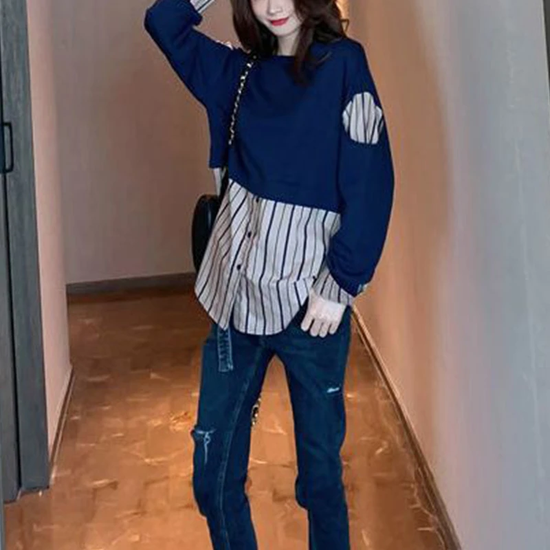 Spring Autumn Fake Two Piece Striped Patchwork Sweatshirt Women Korean Fashion Long Sleeve Loose Casual All-match Pullovers Top