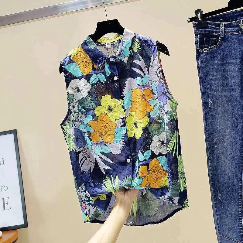 Women Summer Style Blouses Shirts Lady Casual Sleeveless Turn-down Collar Printed Blusas Tops