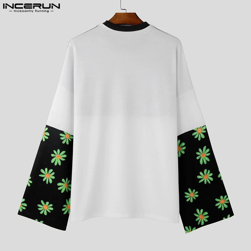 2024 INCERUN New Men's Casual Long Sleeve Tops Handsome Male Floral Printing T-shirts Colorblock Round Neck Loose Commuting Tees image 5