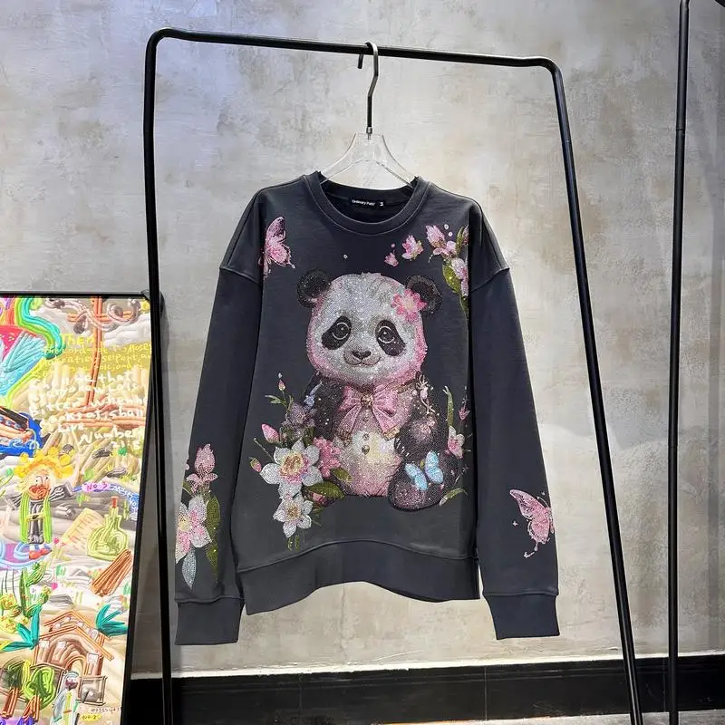 Panda Crew Neck Bottom Shirt Long Sleeves Hoodies Flower New Chinese Design Personality Heavy Industry Diamond Drills Sweatshirt