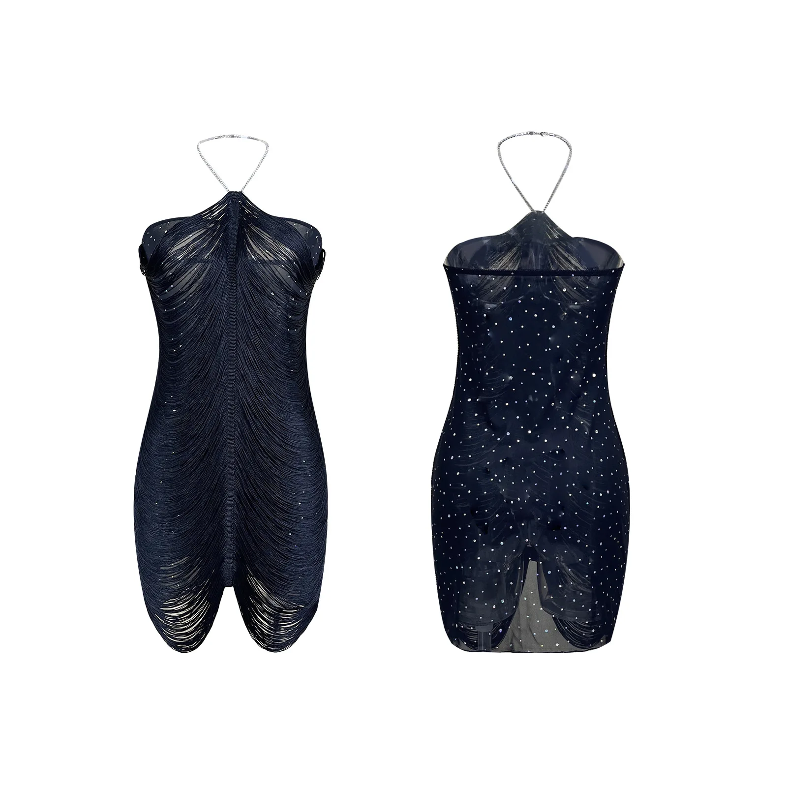 Best-selling Halter Neck Tassel Bodycon Dress Sequined Sexy Sheer Mesh Latin Dance Dress, Party Dress Pure Desire Charming BD12