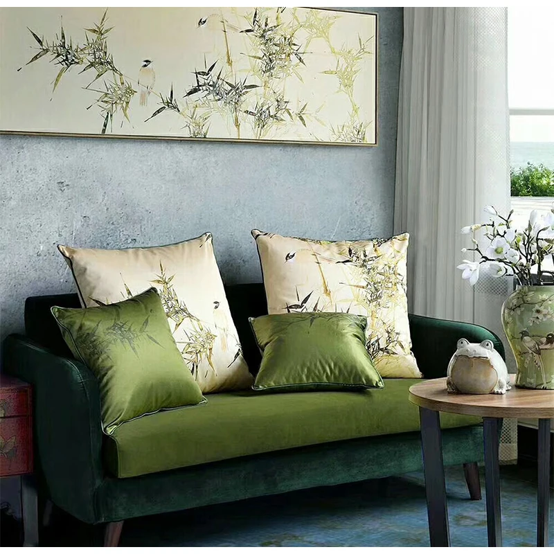 Diphylleia Oriental Art Bamboo Leaf Decorative Pillow Cover Elegant Emerald Apricot Cushion Case For Living Room Sofa Bed Office