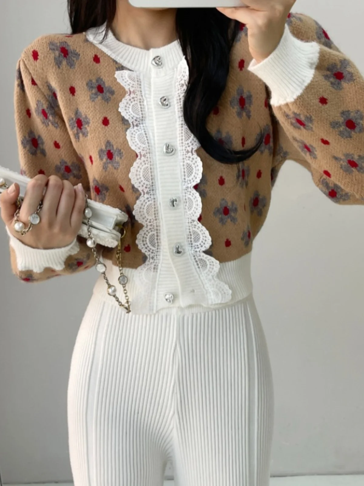 Thiened ort gebreid vest dames retro bloemborduurwerk kanten rand Bubble Sve open voorkant trui bovenkleding