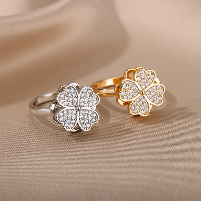 Four-leaf Clover Full Cubic Zirconia Rotatable Opening Adjustable Rings Women Gold Silver Color Copper Metal Ring Party Jewelry image 3