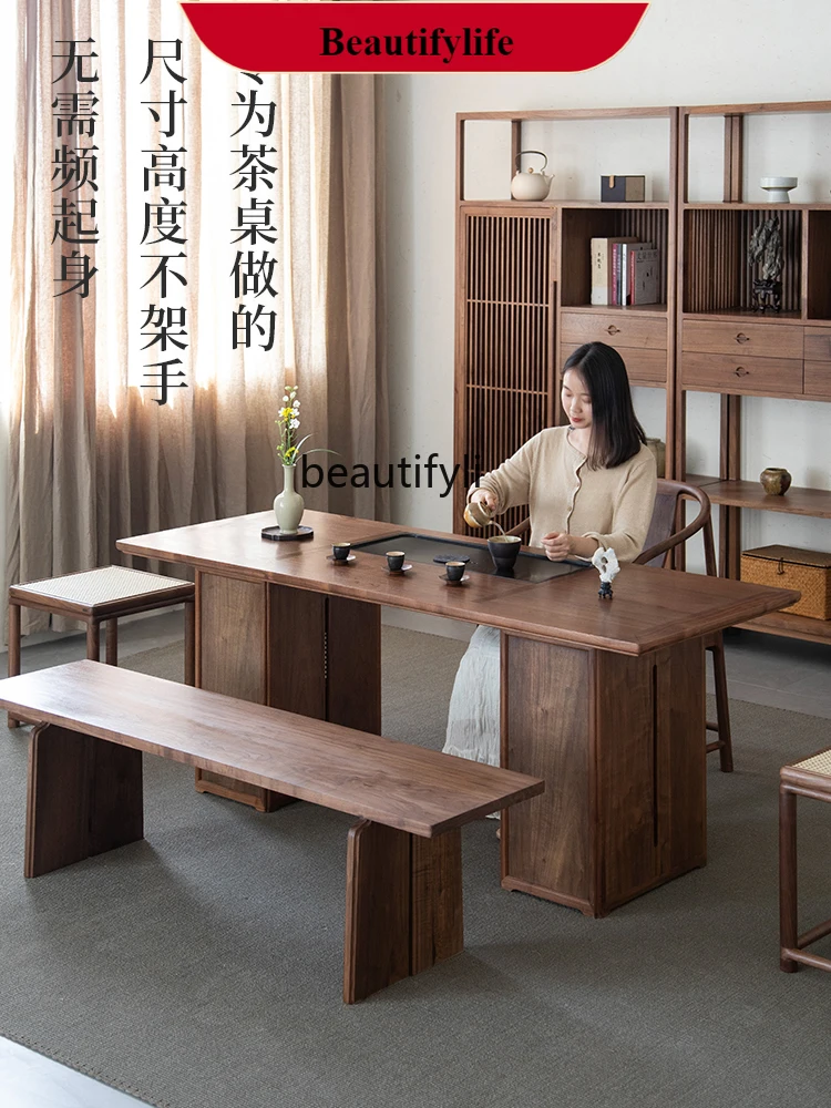 

Solid Wood Table-Chair Set Black Walnut Log Office Tea Table Tea Room Tea Making Table G1218