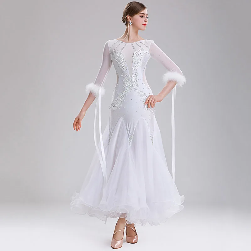 White Ballroom Dance Competition Dresses Women\'s Performance Waltz Party Clothes National Standard Modern DanceWear Costumes