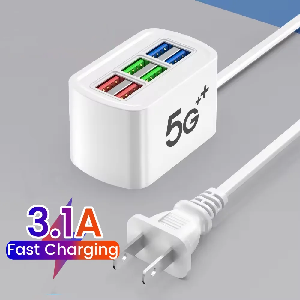 Estação de Carregamento de Mesa com 6 USB, Carregador Rápido, Extensão de Cabo para Carregador de Telefone, Adaptador USB HUB, Tomada Elétrica EU/US