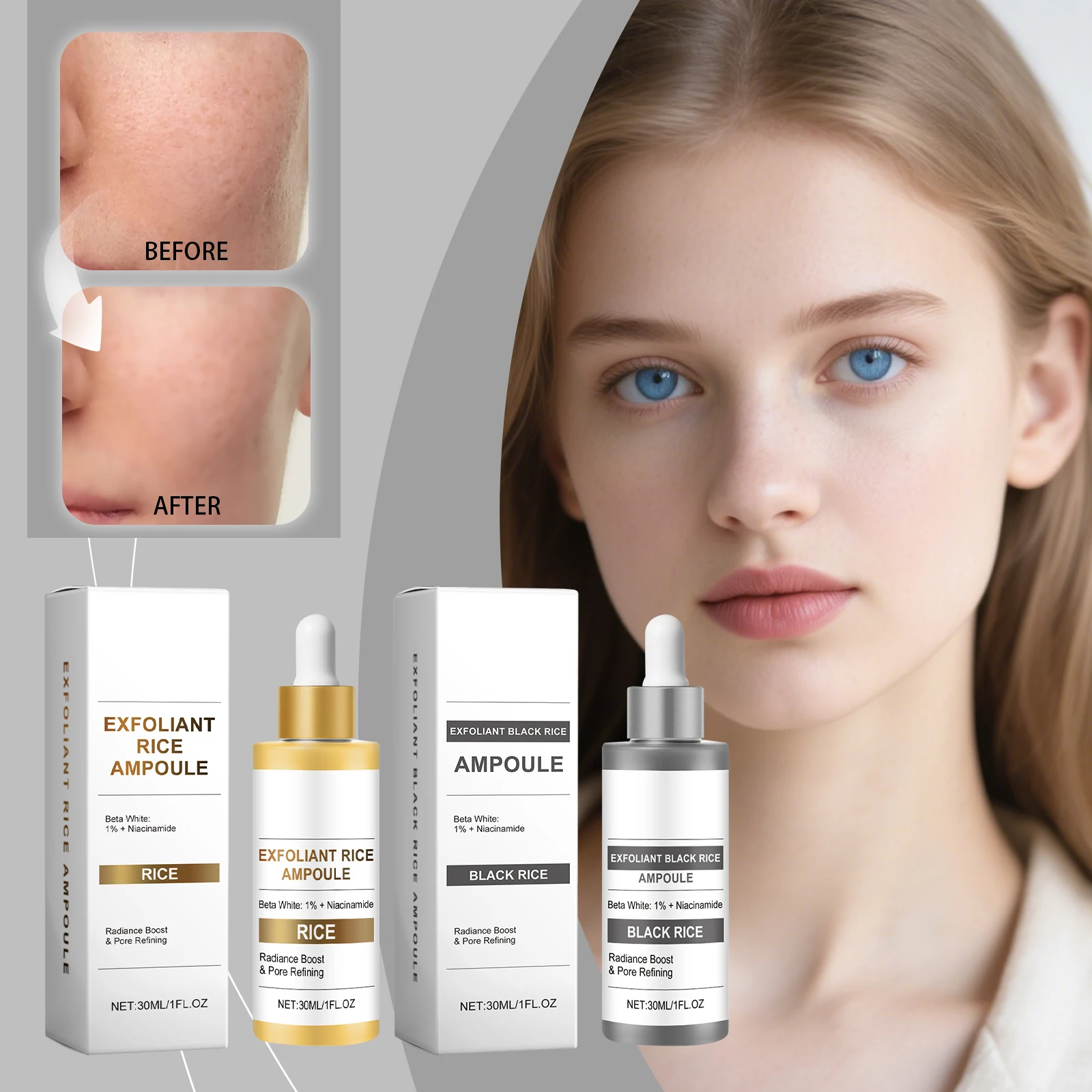 Extrato de arroz blanco/negro, ampolla exfoliante, gotero de esencia, hidratación profunda, bloqueo de agua, exfoliación suave, mejora rugosa