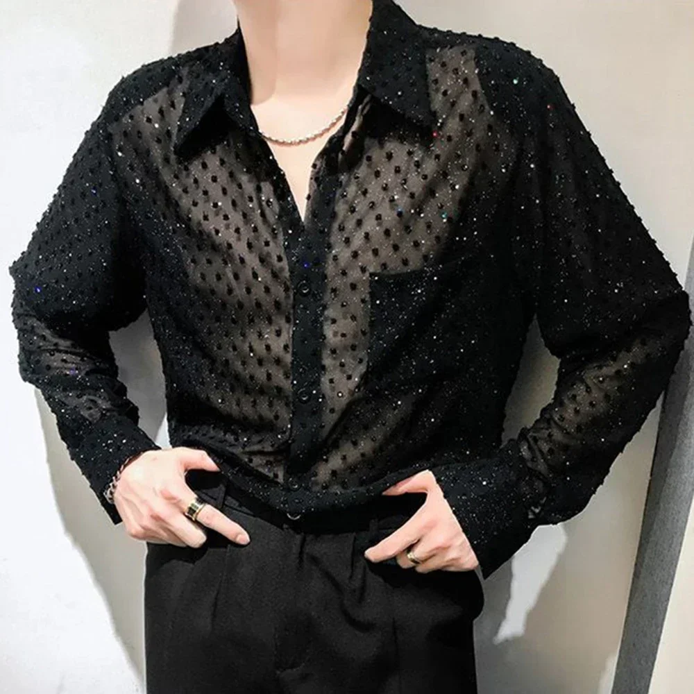 

2024 Spring And Autumn New Mens Sexy Mesh See-Through Long-Sleeved Shirts Fashion Youth Nightclub Shiny Tops Unisex