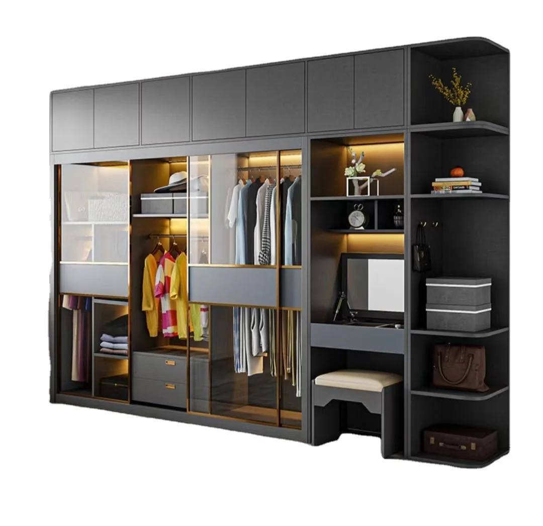 الحديثة الفاخرة باب مفتوح من الأرض إلى السقف خزانة الحديثة الخشب الصلب والجلد خزائن وحدات المشي في خزانة غرفة النوم #5