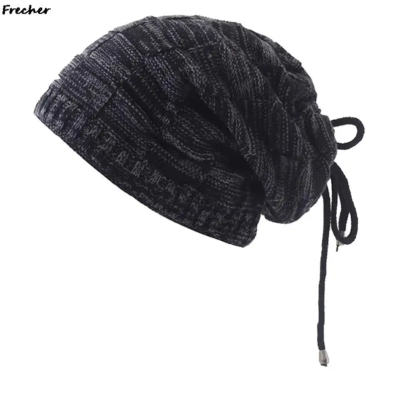 Warm Knit Hat Autumn Winter Bobble Hats Men Women Bandana Drawstring Slouchy Headwrap Soft Beanies Cap Comfortable Skullies