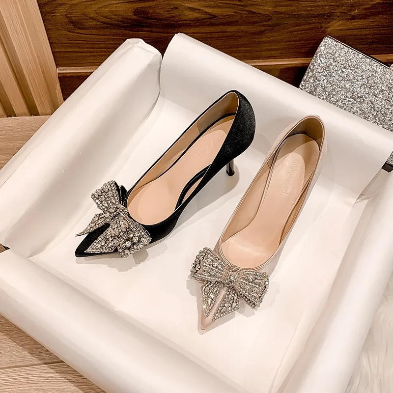 6cm New Fashion Satin Pointed Toe with Rhinestone Bow Sexy High Heels Banquet Party Women Shoes 41 42 43