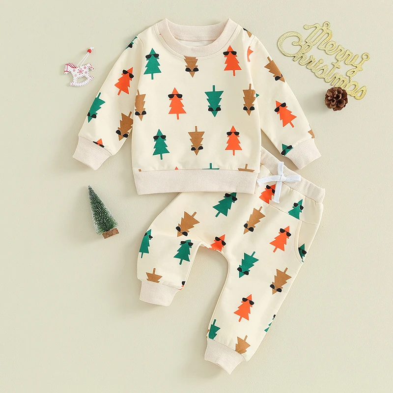 

Xmas Baby Boys Sweatshirt Set Tree Print Long Sleeve Crew Neck Sweatshirt with Elastic Waist Sweatpants Christmas Clothes