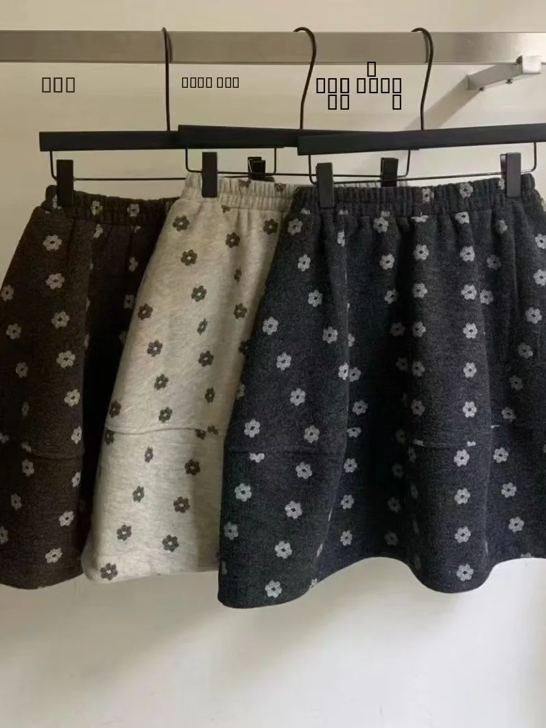 레트로 플로럴 울 스커트 여성용 가을 겨울 슬림핏 소형 다용도 A라인 블룸 스커트 퍼프 스커트