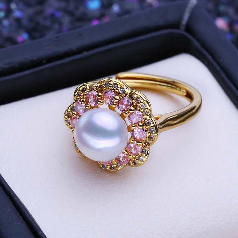 FENASY Natural Freshwater Pearl Zircon Gold Color Adjustable Women\'s Ring Fine Bridal Jewelry