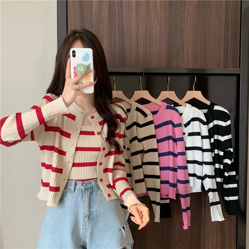 Long Sleeve Sets Two Pieces Button Fashion Cardigan Casual Elegant Women Y2K Tank Cami Spliced Chic Holiday Korean Clothing Tops