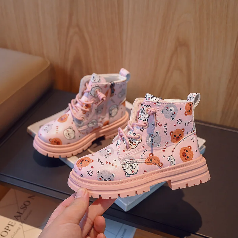 2024 Autumn New Children's Martin Boots Korean Cute Leather Boots Fashion Printed Casual Women's Shoes