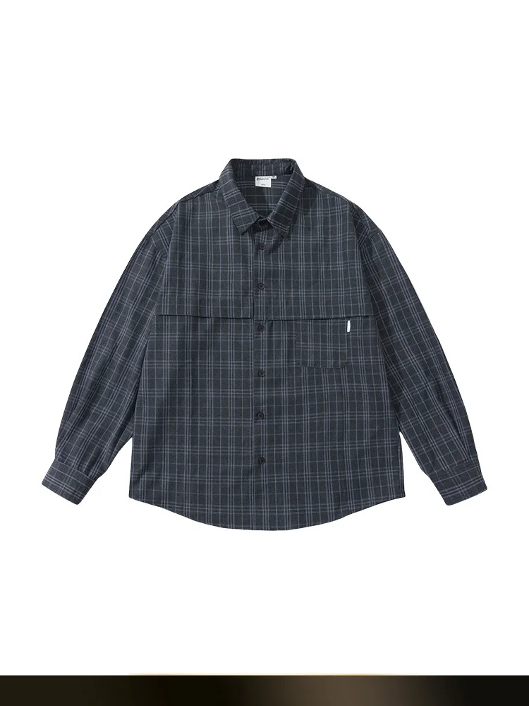 

Retro Japanese Sle Loose Fit Plaid ket Collar irt Versatile Casual Workwear Outerwear for Autumn Season