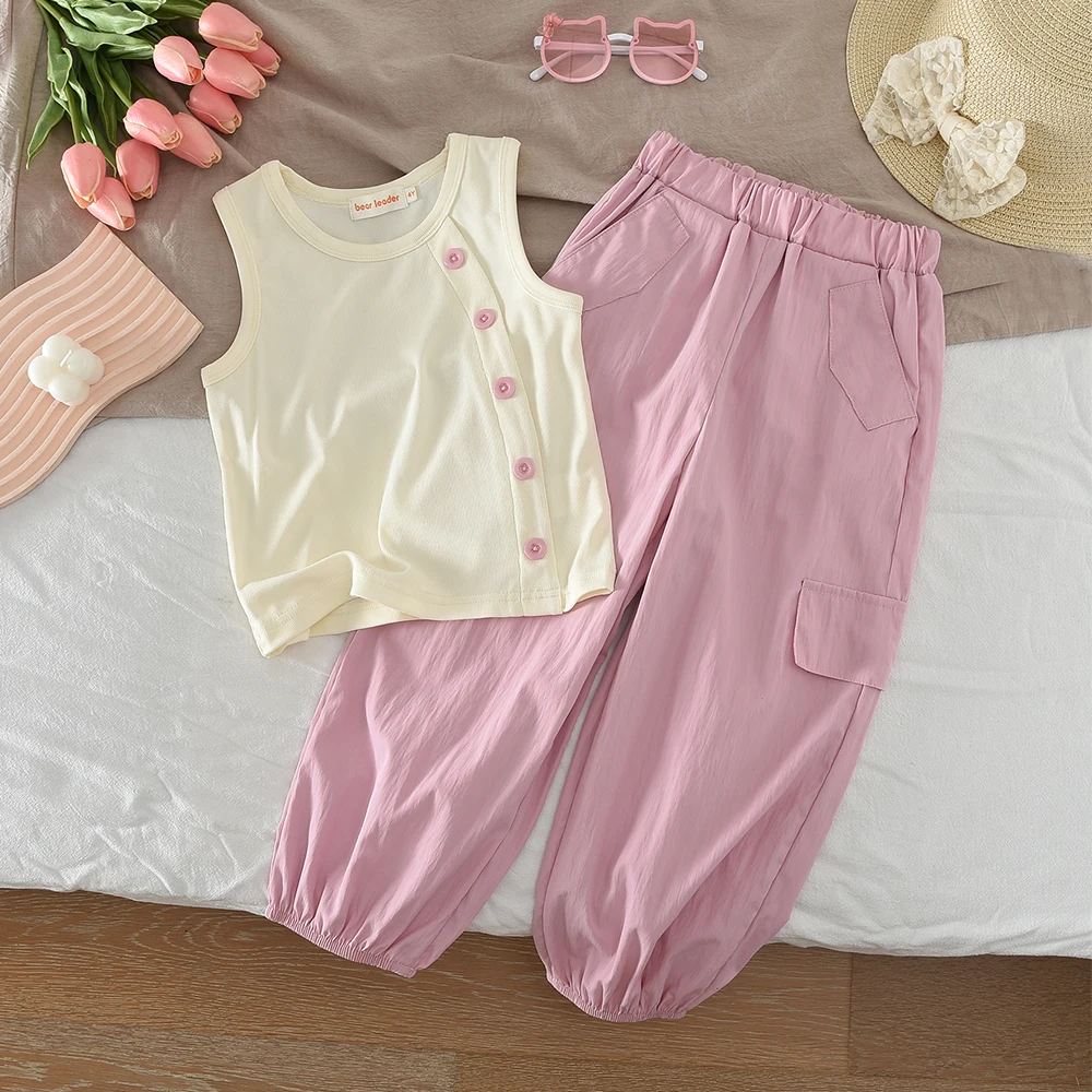 Bear Leader Summer Solid Color Girls Clothes 3-7 Years Button Decoration Sleeveless Vest+Pink Casual Pants Children's Set