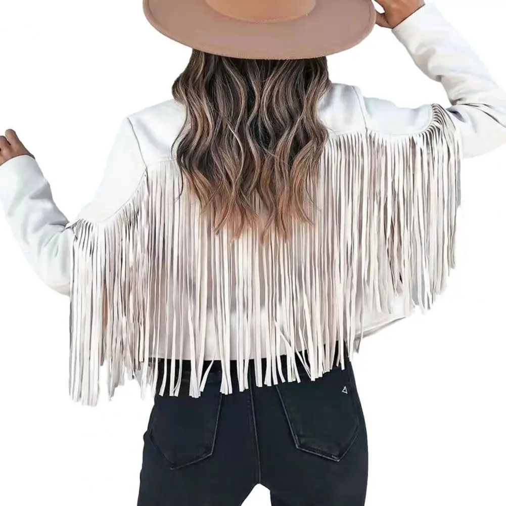 Autumn Women Fringed Hem Tassel Cardigan Crop Tops E girl Motor Biker Jacket Suede Leather Jacket 90s Vintage Streetwear Coa