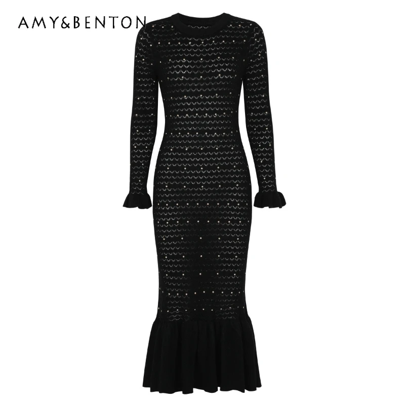 

2026 Spring Autumn New Knitted Rivet Women's Dress European American Design Elegant Temperament Slimming Long Dresses Ladies