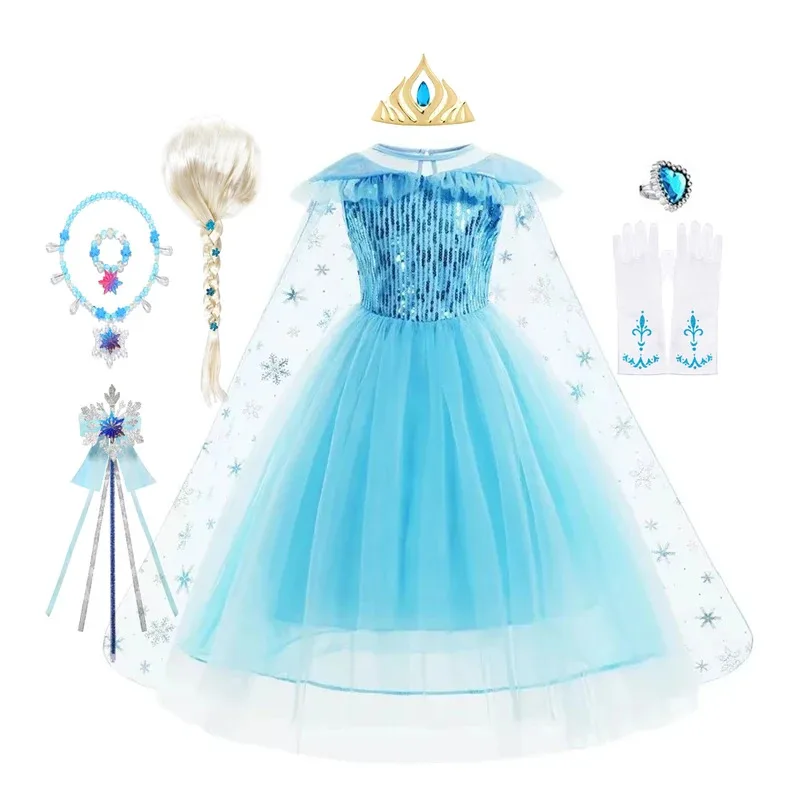 

Платье Эльзы для девочек, детская одежда, костюм принцессы с блестками и плащом, детский костюм Снежной королевы на Хэллоуин, день рождения, Эльза Disfraz