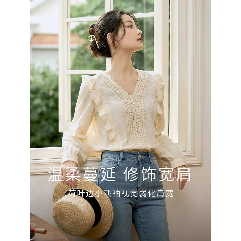 INMAN Women Blouse 2023 Spring Long Bishop Sleeve V Neck Shirts Hollow Lace Panel Design Flounces Pure Cotton Apricot Tops