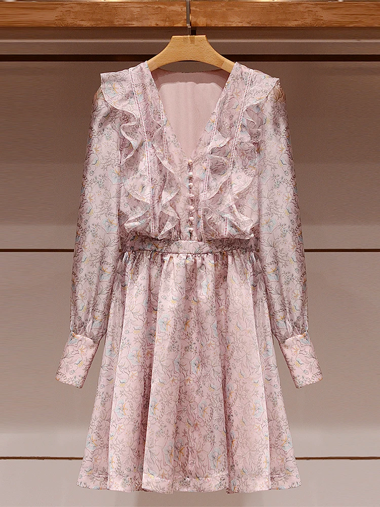 

Новая женская юбка А-силуэта из шифона с цветочным принтом, весна 2025, с V-образным вырезом, рукавами-колокол, завышенной талией, длинная, в стиле ретро, стройнящая фигуру