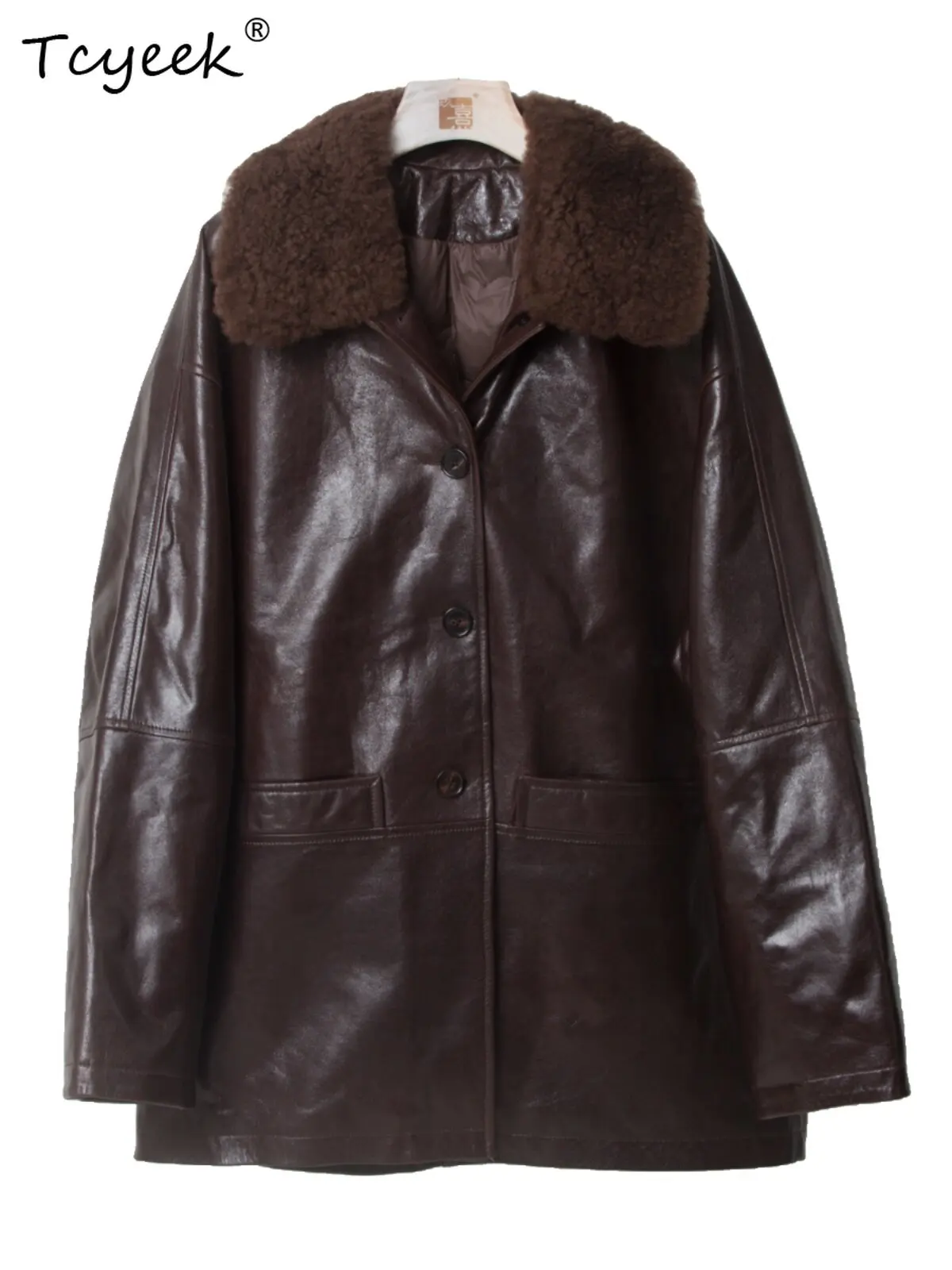 Tcyeek Real Leather Jacket Women White Goose Down Coats Loose Fit Vegetable Tanning Sheepskin Trench Coat Woman Lamb Wool Collar
