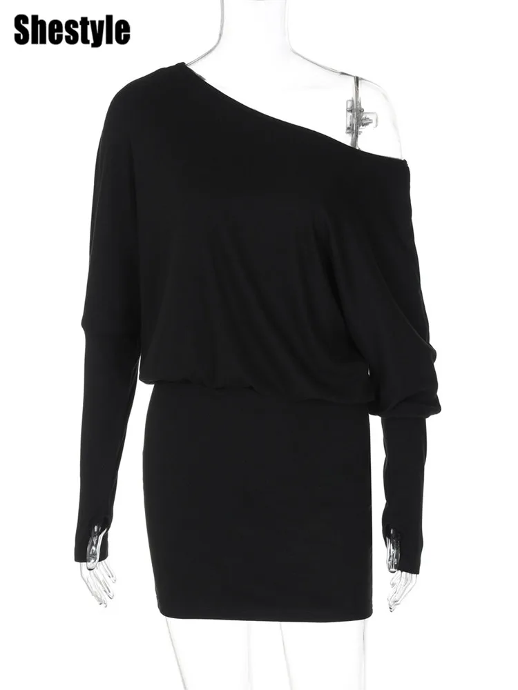 فستان Shestyle بكتف واحد ورقبة مائلة للنساء بأكمام فانوس وردي سادة غير رسمي أنيق ملابس الشارع الشهير ملابس الحفلات