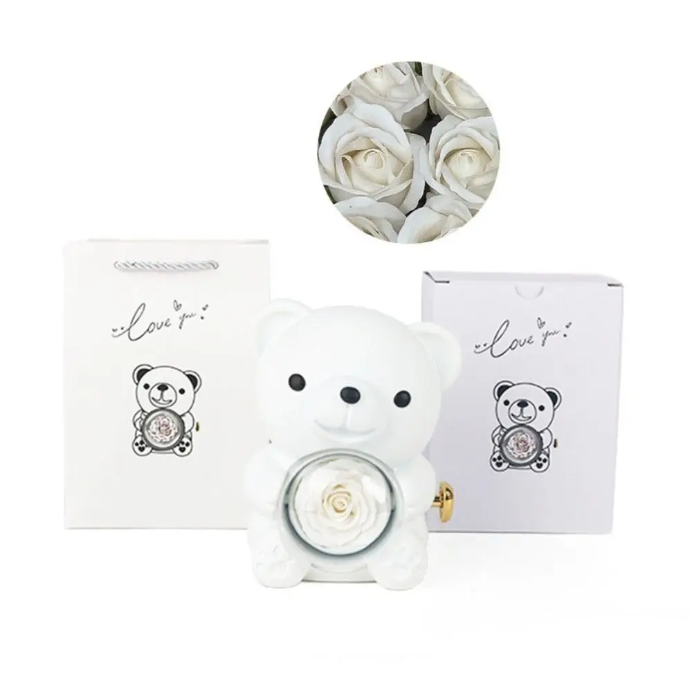 

Креативная вращающаяся шкатулка для украшений в виде розы, коробка для мыльных цветов, подарочная коробка с красным медведем, футляр для хранения ожерелий, розовый футляр для колец, подарок на День святого Валентина