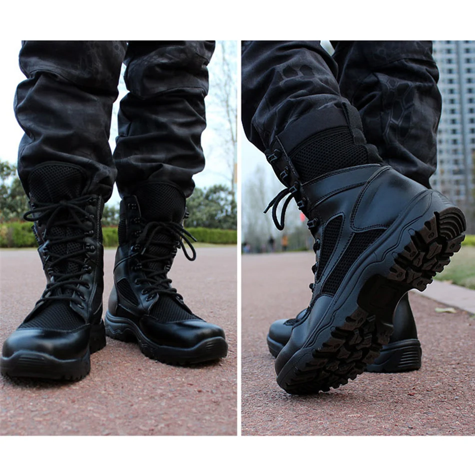 Ultralight Desert Combat Boots Summer Mesh Breathable Tactical Boots Military Shoes Winter Fleece Black High-upper Hiking Shoes